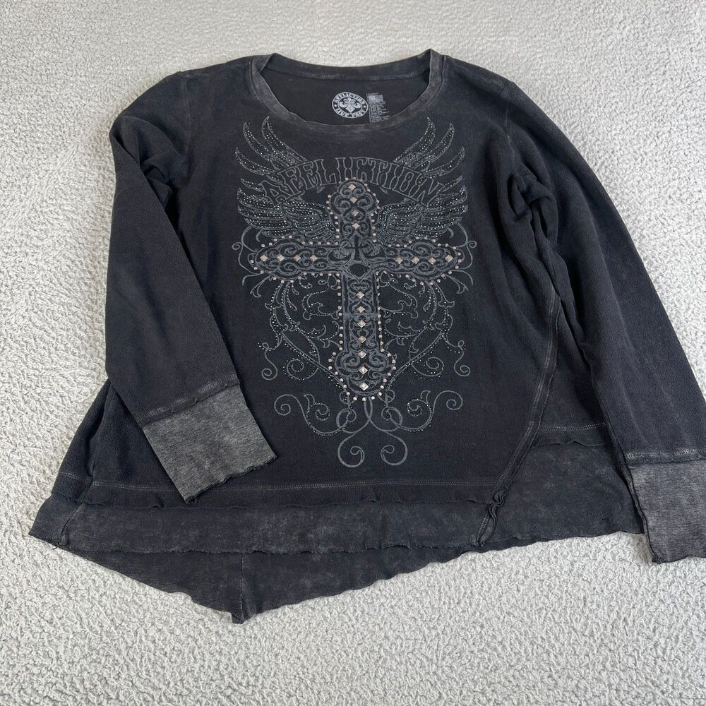 AFFLICTION  Cross Studded Shirt Womens L Fleece High Low Graphic Wings Spellout
